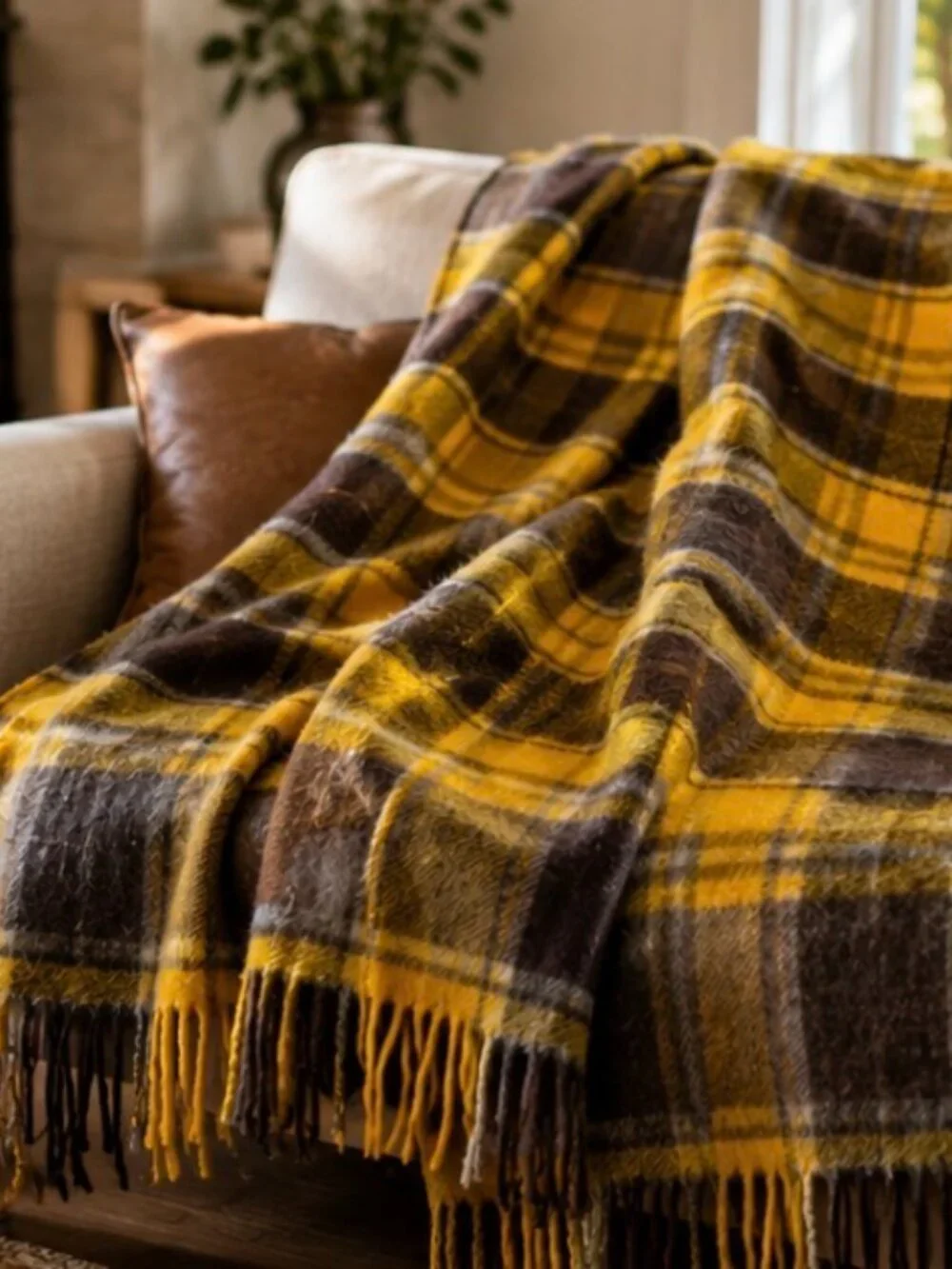 Vintage Wool Plaid Throw Blanket Mustard Brown Gray Fringe 50x54 Cozy Cabin